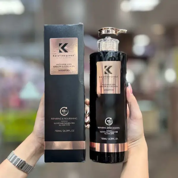 قیمت شامپوی ضد ریزش حاوی کراتین و کلاژن کراتین کوئین ترمیم و تغذیه مو به مدت ۴۸ ساعت Keratinequeen