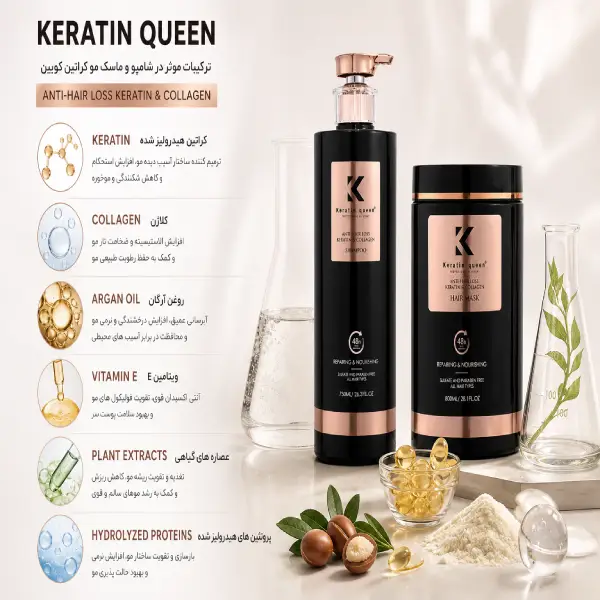 قیمت ست شامپو و ماسک مو کراتین کویین Keratin Queenضد ریزش حاوی کراتین و کلاژن
